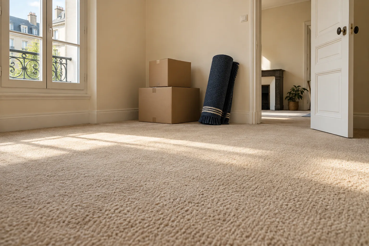 Moquette d’un appartement et cartons de déménagement