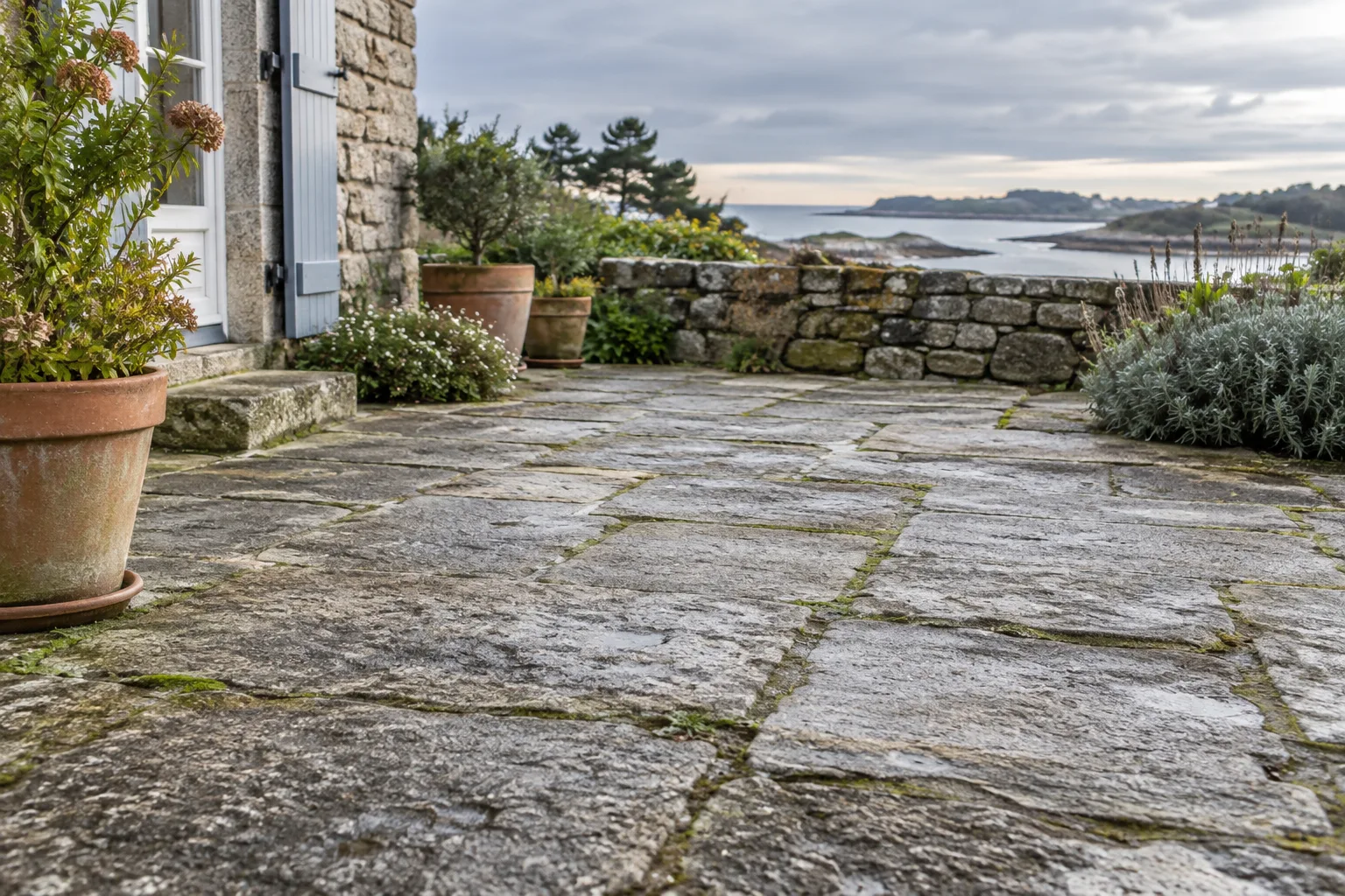 Dalles en pierre et joints moussus d’une terrasse